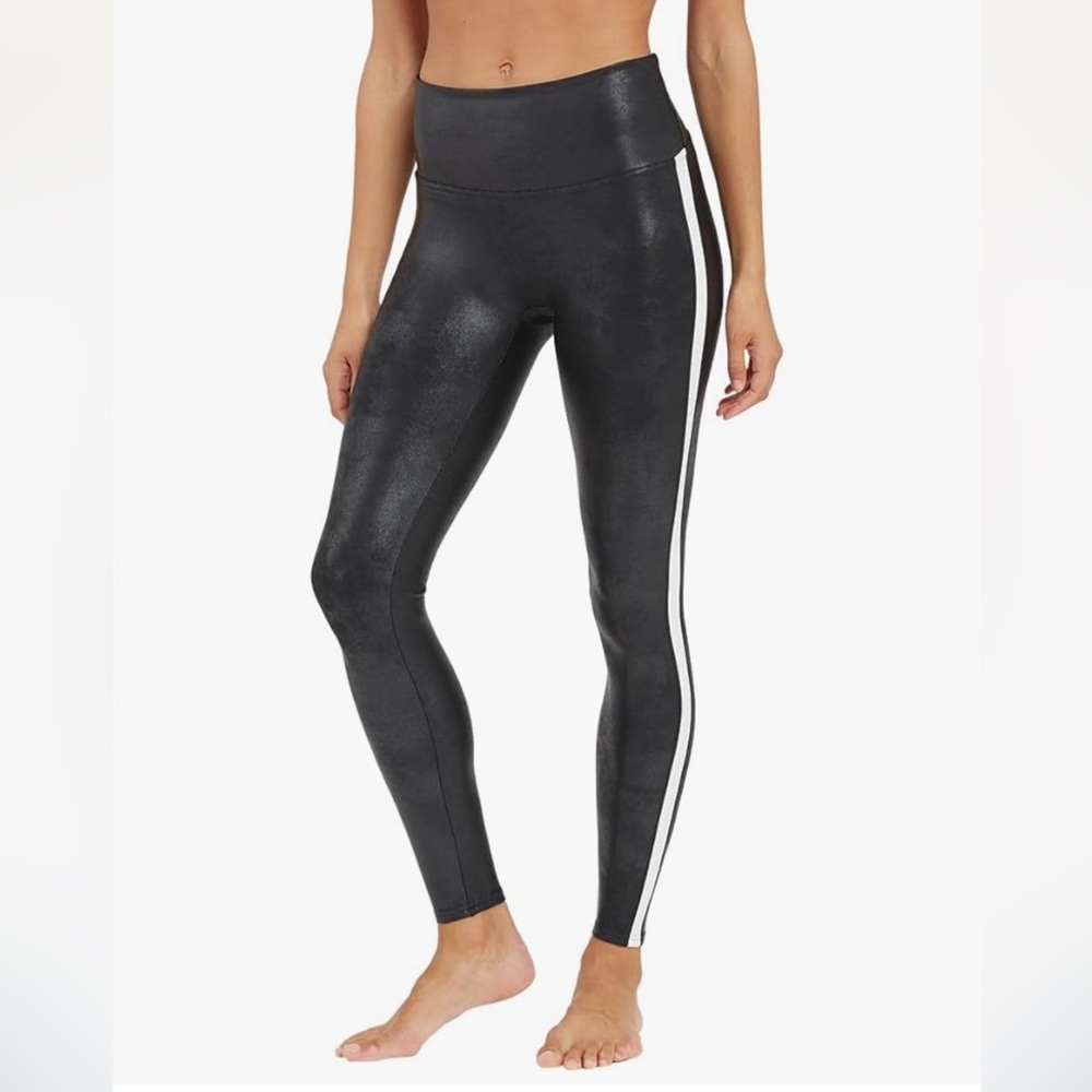 NWT SPANX Black Shiny Leggings with White Stripe! - Picture 1 of 9